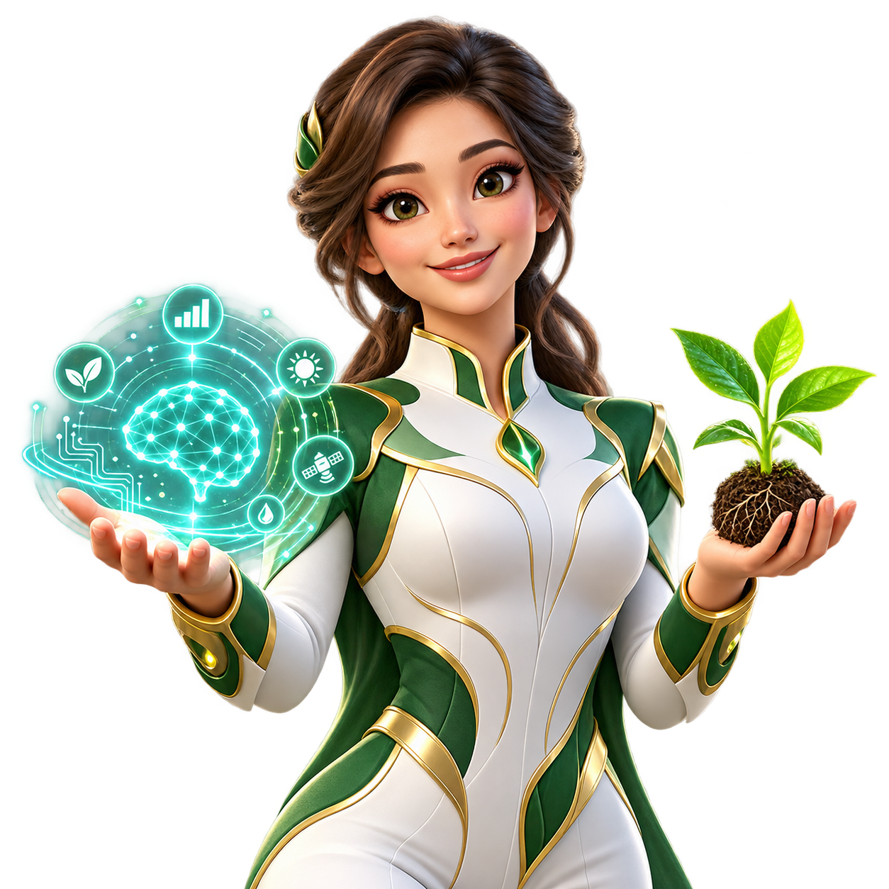NABEEN AI Advisor holding a plant and an AI technology interface
